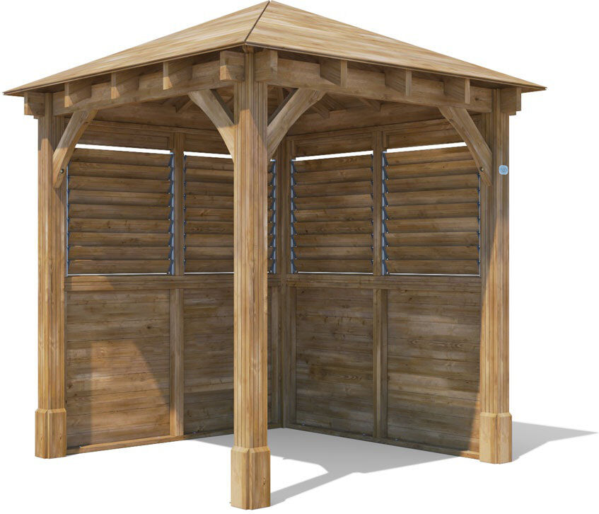 Dunster House Wooden Gazebo Kit Louvre Walled 2.5m x 2.5m Heavy Duty Garden Shelter Roof Shingles Leviathan Brown 400cm W X 307cm D X 248cm H