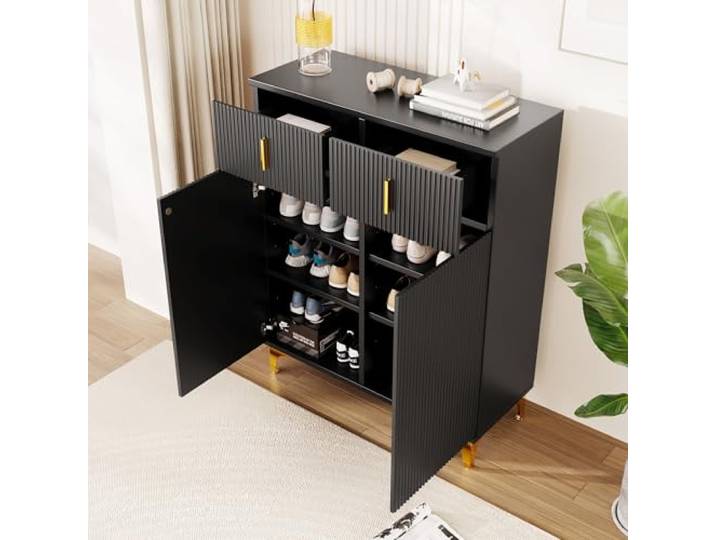 Elegantes Sideboard mit modernem Design, Kommode und viel Stauraum, goldene Griffe (Schwarz, 83 * 35 * 101cm)