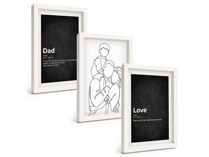BILDER SET 3er Set - 20x30 cm Weißer Rahmen - Familiengeschichte, Kunst, Liebe, Vaterschaft
