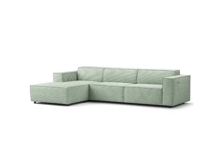Ecksofa mit Longchair Grün/Mint Cordstoff Scilla 294cm Longchair davorstehend links Sitztiefenverstellung Modern