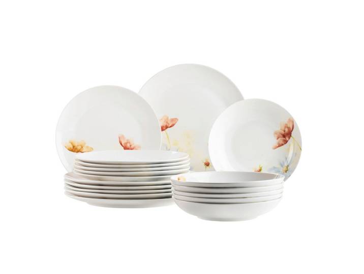 Mäser Tafelservice, Weiss, Keramik, 18-teilig, Blume, Geschirr, Geschirr-Sets, Tafelservice