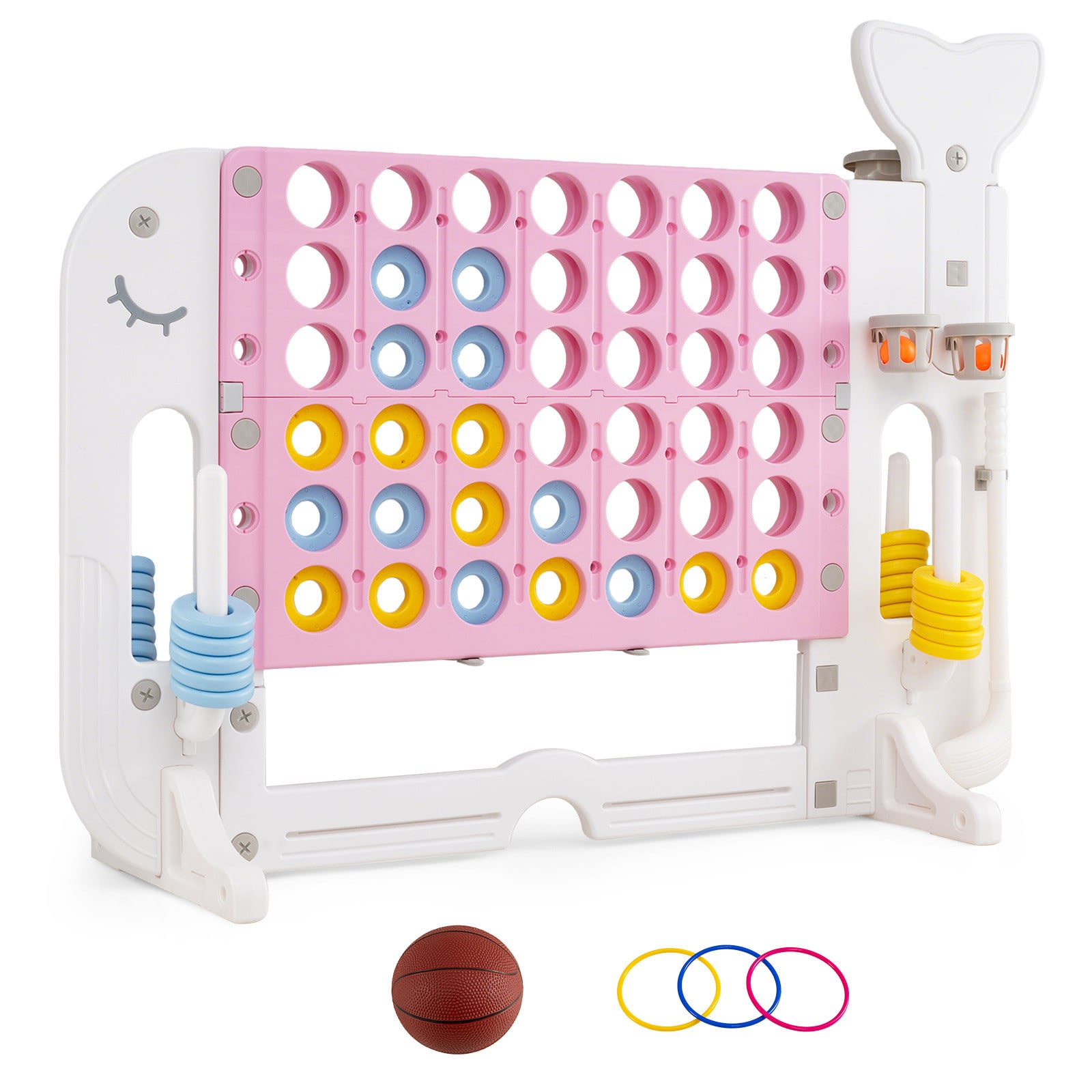 Costway 4-in-1 Spelset met Vier op een rij, Basketbalring, Ringwerpen en Minigolf in het Roze