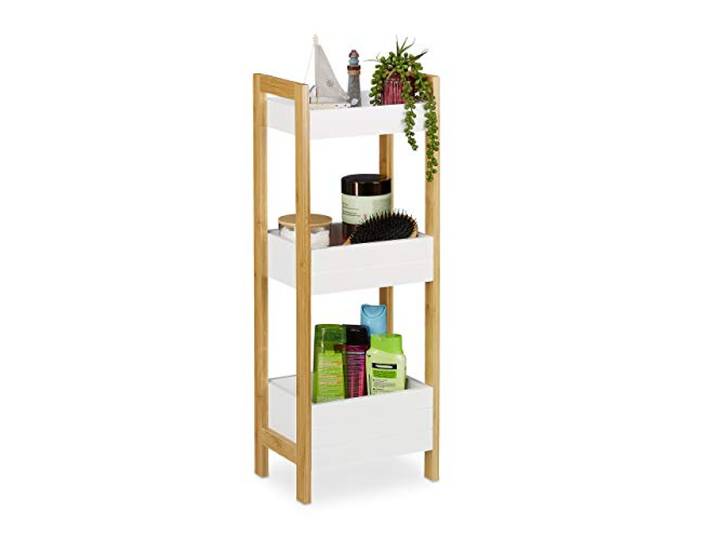 Relaxdays badkamerrek met 3 manden, van bamboe & MDF, HxBxD: 74,5x28x20cm, vrijstaand, keukenrek, natuur/wit