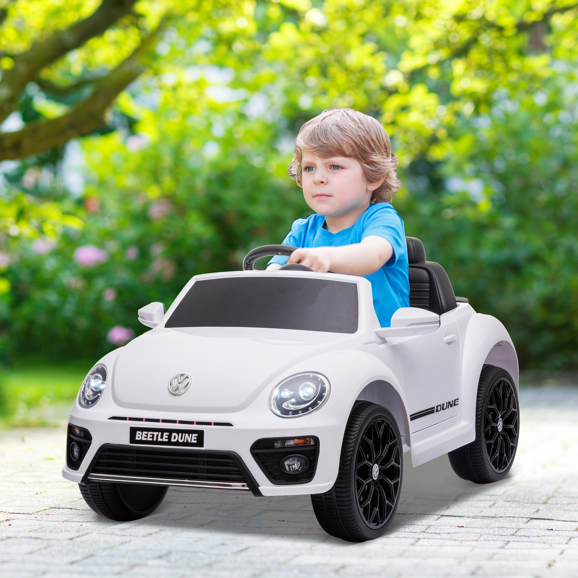 Aiyaplay Auto elettrica per bambini VW Maggiolino, 3-5 km/h, con telecomando e musica, Bianco