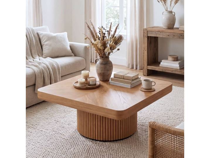 Table Basse Carrée 78x78x38 cm Table de Salon Bois avec Base Cylindrique Cannelée Farmhouse Table d'Appoint Moderne Bois Naturel