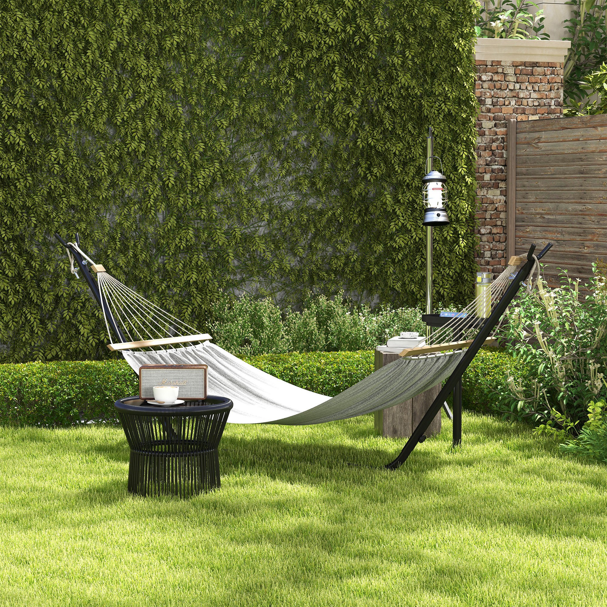 Outsunny Supporto per Amaca in Acciaio con Tavolino Integrato e Carico Massimo 150kg, Nero Aosom