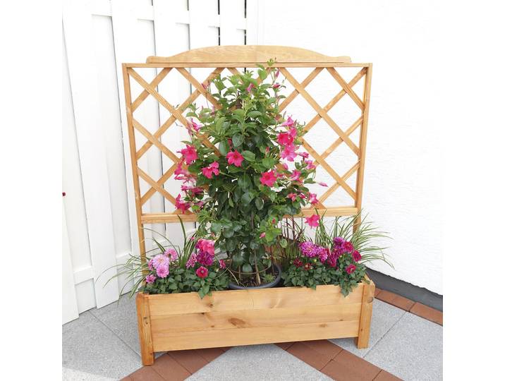 Spalier PROMADINO, braun (honigbraun), B:110cm H:140cm T:32cm, Holzwerkstoff, Rankhilfen, Spalier, mit Pflanzkasten, BxTxH: 110x32x140 cm