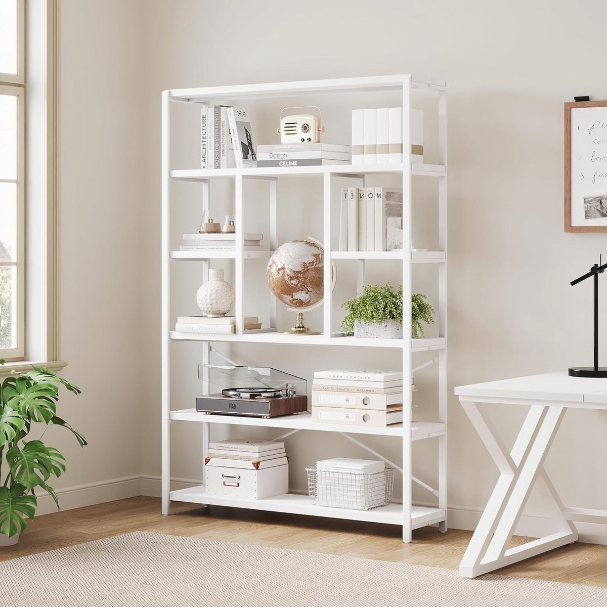 Moderne witte boekenplank met 6 lagen voor opslag, Hoogte: 180 cm, Breedte: 8 cm