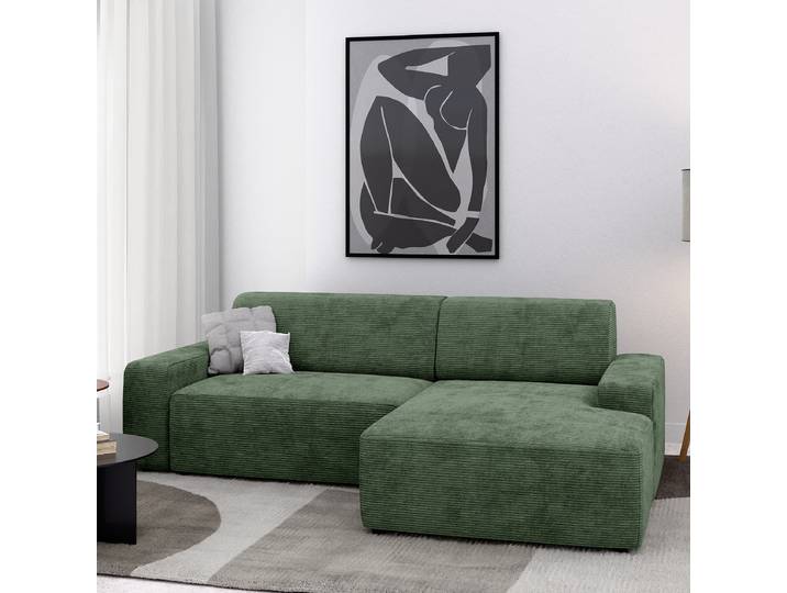Ecksofa mit opt. Schlaffunktion Grün Cordstoff Hilja 246 x 73 x 162cm Longchair davorstehend rechts ohne Schlaffunktion Modern