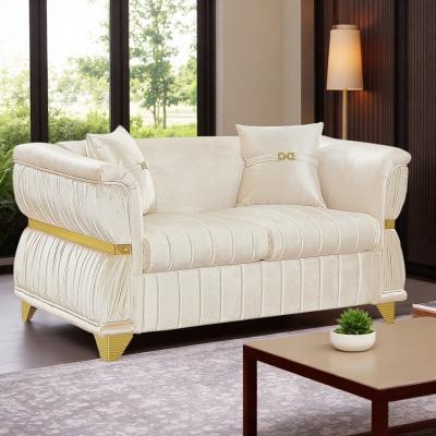 Velvet Sofa with Gold Metal Trim, Gold-Tone Legs, and Curved Armrests