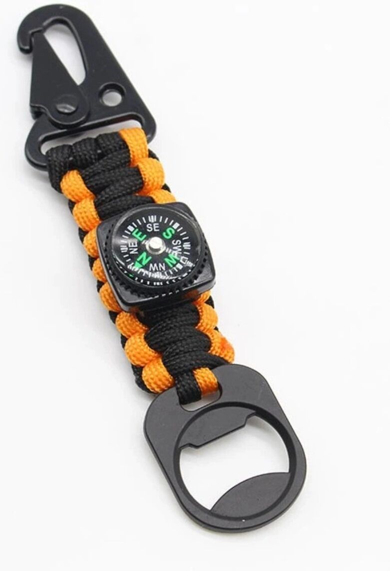 INF Outdoor 2-in-1 Flaschenöffner-Schlüsselanhänger – Aluminiumlegierung mit Paracord und Adlerschnabelkarabiner für Camping Schwarz Orange