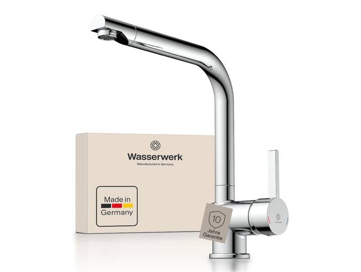 Spültischarmatur WASSERWERK WK 4, Wasserhahn, Küche, Einhebelmischer , silber (chrom), B:5,7cm H:29,8cm T:25,7cm, Messing, Armaturen, 360 schwenkbar, Cold-Start-Funkt., geräuscharm