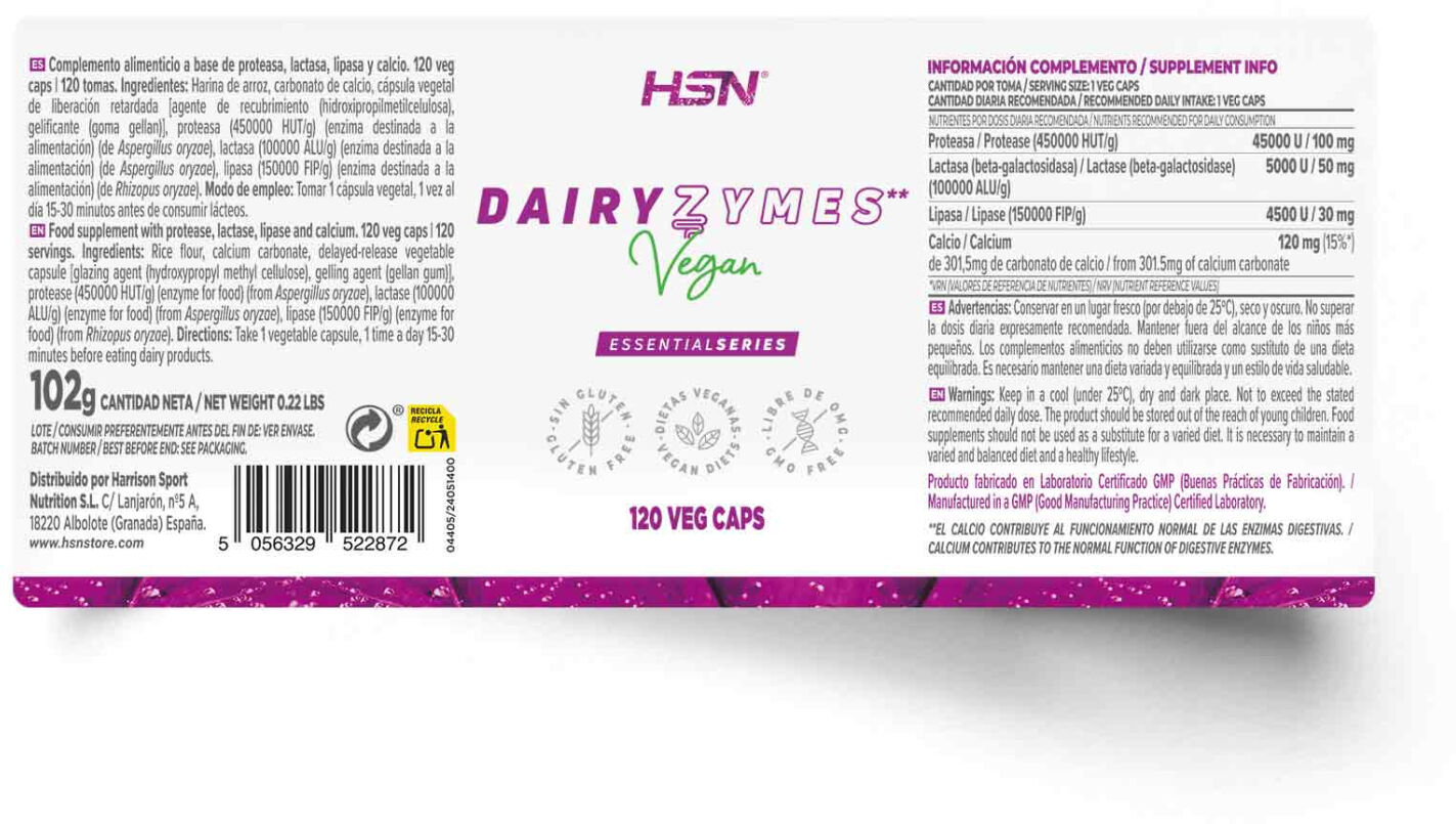 HSN Dairyzymes (mistura de enzimas) - 120 veg caps - Enzimas digestivas - Cápsulas Vegetales - 120 Serviços