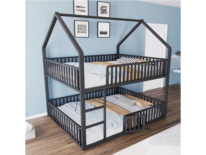 Lit superposé 140×200 cm avec escalier frontal barrières de sécurité et panneau ouvrant - LPOSPI - sans matelas métal noir
