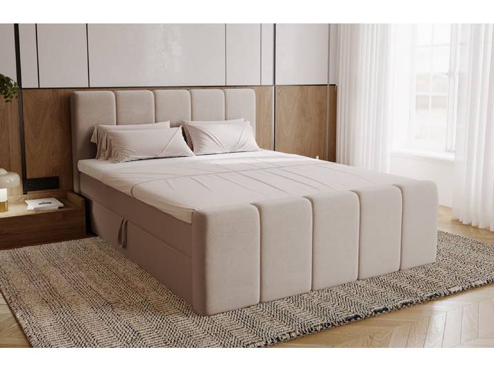 Boxspringbett Bergamo Samt mit Stauraum - Beige - 140x200 - H3 (70-100kg) - Luxusbetten24