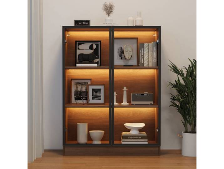 Luscriate - Vitrine 80x32x106 cm avec 2 portes vitrées en aluminium 3 étagères et LED - Bois naturel
