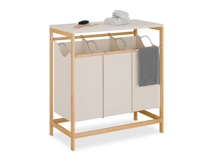 Relaxdays Wäschesammler Natur Creme 3-Körbe Bambus, Mehrfarbig, Holz, 78.5x84.5x40 cm, Haushalt & Reinigung, Wäschepflege, Wäschekörbe & Wäschetonnen