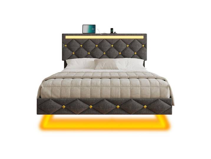 MSMASK Polsterbett mit USB-Aufladen und LED-Beleuchtung, Grauem Leinen (Ohne Matratze)