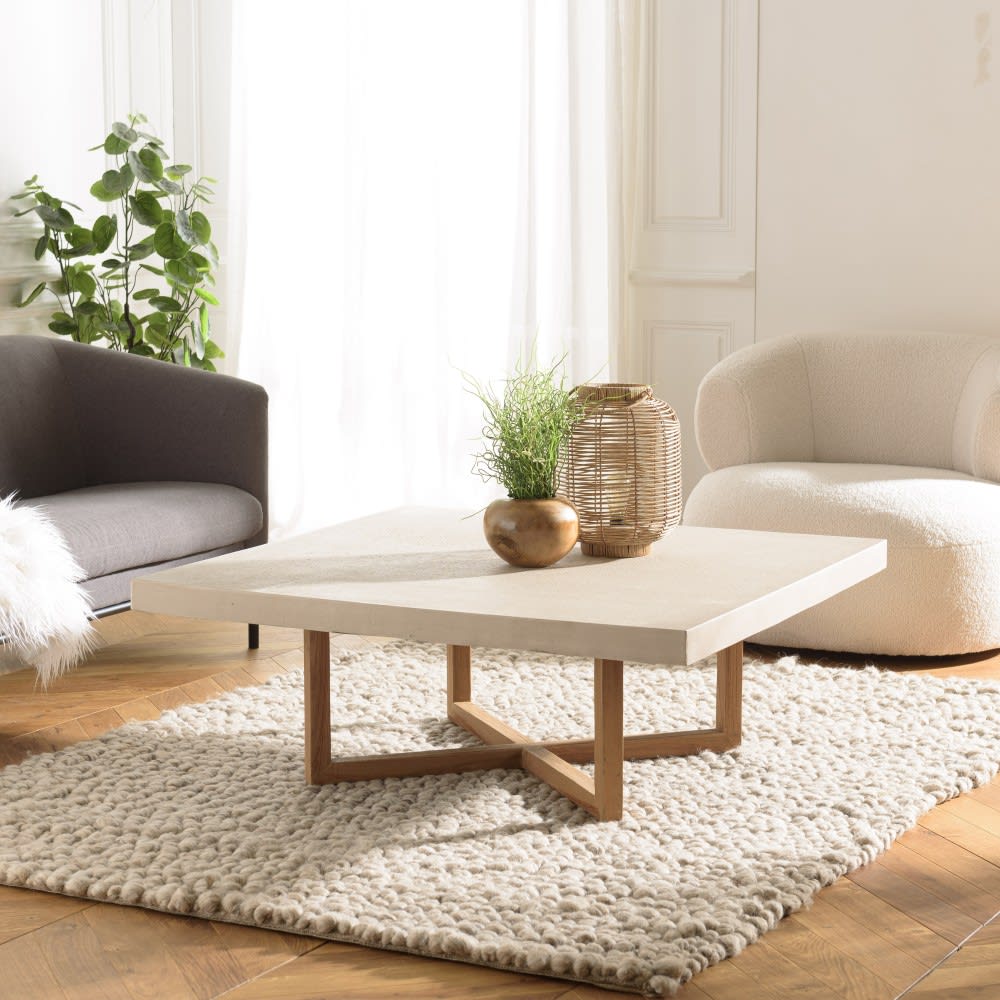MACABANE Table basse carrée 107x107cm en béton beige pieds croisés en teck Beige 107x41x107cm