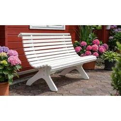 Weiße Gartenbank Genf - Sitzbank aus Kiefer, Weiß - geschwungene Holzbank für den Garten, Terrasse und Balkon - elegante Gartenmöbel