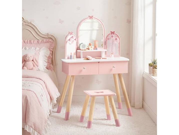 ROBUD Kinder Schminktisch mit Hocker aus Holz, Spiegel & Zubehör, Rosa Frisiertisch mit Schublade, Rollenspiel für Mädchen ab 3 Jahren, Schmetterlingsmotiv, Geschenkidee