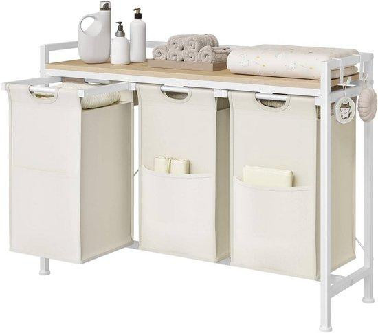 In And Outdoormatch Wasmand met 3 uitneembare waszakken, metalen frame en houten blad, Wit
