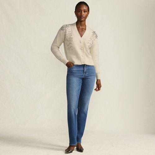 Bestickter Cardigan mit V-Ausschnitt für Damen, Damen, size: regular, Elfenbein, Polyester/Polyacryl/Polyester-Mischung, by Lands' End