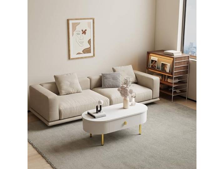 QLTXYHML Couchtisch 108 cm, 2 Schubladen, Türen aus Bogen, vergoldete Griffe