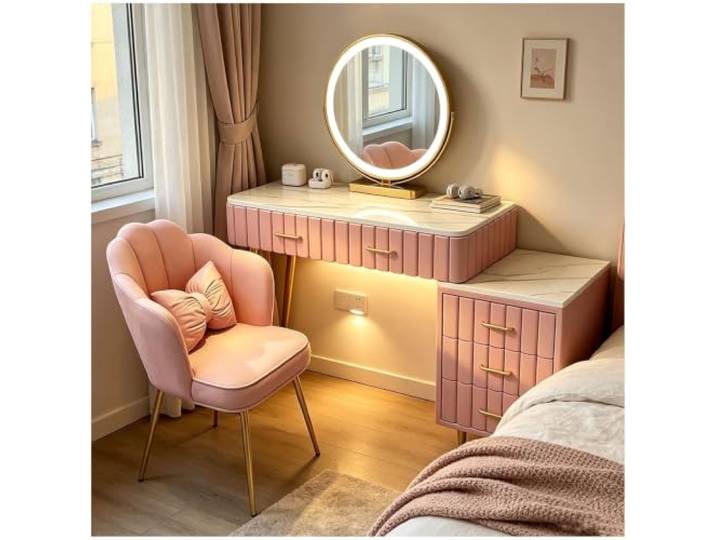 Preferspace Moderner Schminktisch mit 3-Farben-Licht Marmortischplatte, goldenes Eisengestell, 5 Schubladen, abnehmbare Seitenablage, drehbarer Spiegel(Pink,80cm/31.5in)
