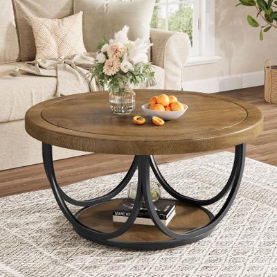 BLUEBELL "31.5"" Round Coffee Table with Storage, 2-Tier Wooden Circle Center Cocktail Table for Living Room, Industrial"