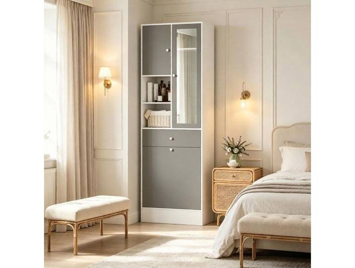 Colonne de salle de bain avec porte miroir panier à linge dissimulé tiroir et étagère réglable blanc gris ORVRYN