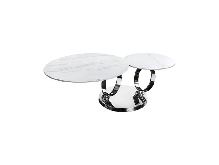 Table Basse Solyne 133 Cm Blanche Effet Marbre Avec Plateaux Rotatifs Et Structure Argentée