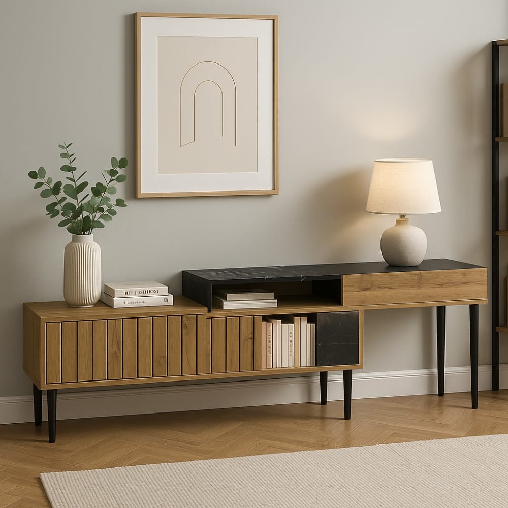 Urban Meuble Buffet design avec compartiments de rangement et structure moderne Beige 129x17x38cm
