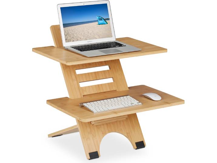 Rehausse de bureau Relaxdays\, réglable en hauteur\, 2 étagères\, bambou\, rehausse de bureau\, travail debout\, naturel