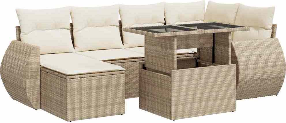 7-tlg. Gartenmöbel-Set, Sofa-Garnitur mit Stauraum, verstellbarem Tisch, Poly Rattan Beige, Cremeweiße Kissen, UV-beständig