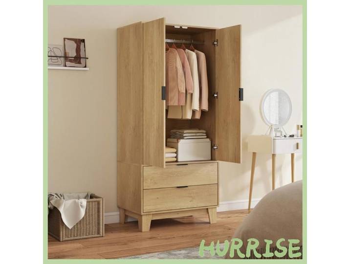 Cocosity Armoire Chambre Penderie Avec 2 Portes À Fermeture Douce 2 Tiroirs Et Barre De Suspension 80X50X180Cm Bois Naturel