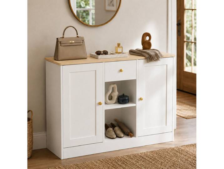 Yorbay Schubkastenkommode Kommode mit Türen offenen Fächern vielseitiger Stauraum (Set), 108x35x75cm Spanplatte Weiß mit heller Holzplatte
