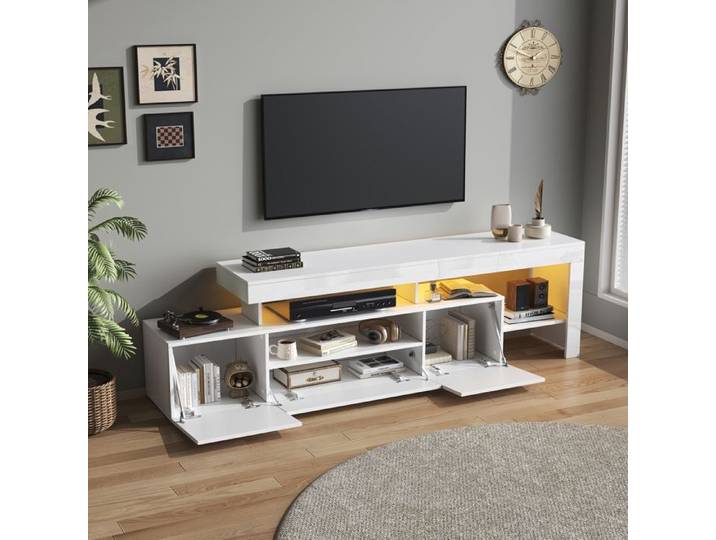 Meuble TV 192 cm 3 Portes Niches et LED - YEAVIO - Façade Brillante Blanc pour Salon 192×37×53 cm