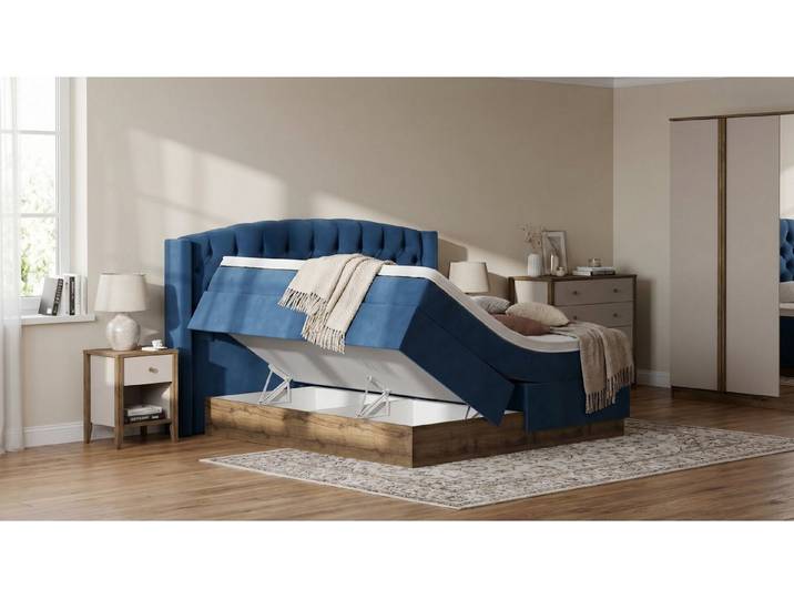 Meisterbetten Boxspringbett Magi (Boxspringbett Magi 160x220 cm mit Bettkasten, Bett 160x220 cm mit Stauraum, 7-Zonen Taschenfederkernmatratzen, Ergoflex Topper, Royalblau), Inklusive kostenloser Lieferung und Aufbau