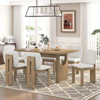 Kodotan sofa "7-Piece Retro Dining Table Set for 6, 60"" Wood Dining Table Set for 6 with Upholstered Chairs and Designed"