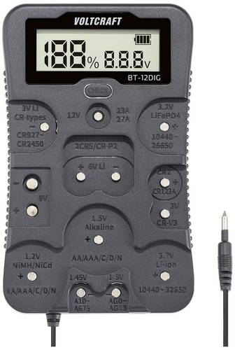 VOLTCRAFT Batterietester BT-12DIG Messbereich (Batterietester) 1,2 V, 1,5 V, 3 V, 3,7 V, 6 V, 9 V, 12V Batterie, Akku VC-14340820