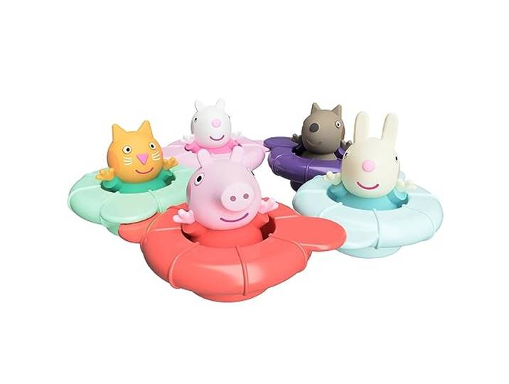 TOMY Toomies Peppa's Pool Party - 5 ringbekers met 5 Peppa Pig & Friends watersquirter, badspeelgoed + 18 maanden - badspeelgoed voor baby's en peuterbad
