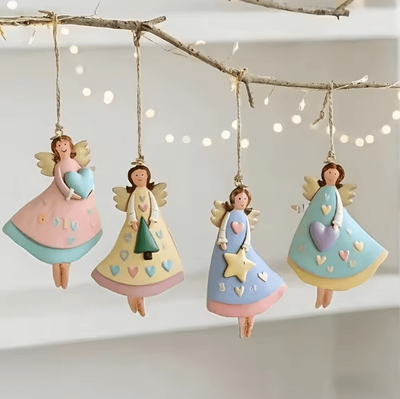 Uplift Curations Vintage Wooden Angel Hanging Ornaments Set For Classic Christmas Decor 4pcs Set E