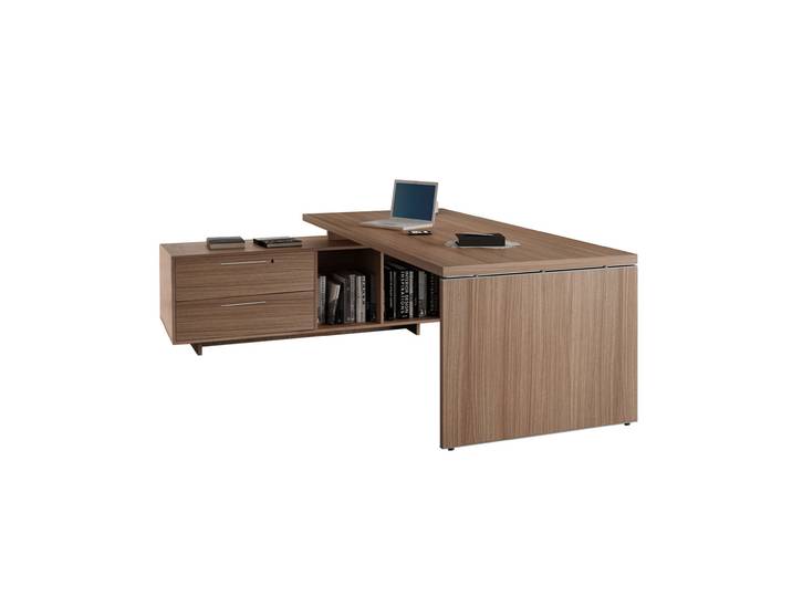 Bureau de direction Flore avec retour suspendu - L.195 x P.170 cm - Plateau Noyer - Pieds panneaux
