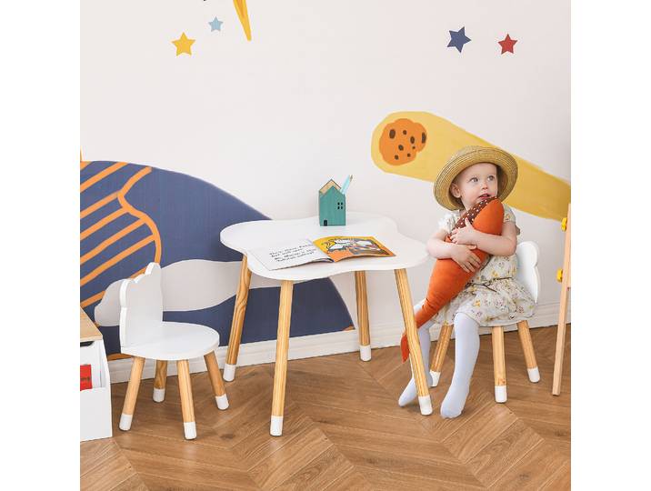 HOMCOM Set Table Chaises Enfant Bois Blanc Motif Ourson