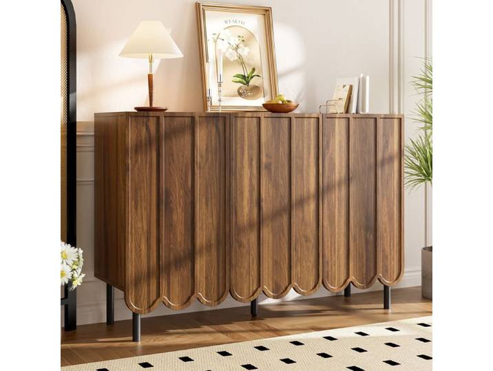 Buffet noyer - Buffet de salon moderne avec portes ondulées et étagères réglables