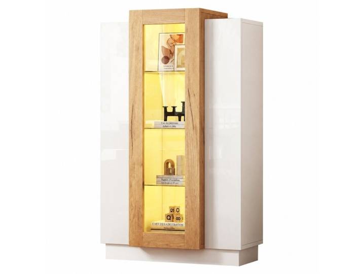 Vitrine salon avec LED meuble vitrine 3 portes armoire de salon 120cm acrylique transparent blanc et bois 74x40x120 cm