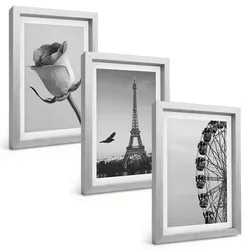 BILDER SET 3er Set - 20x30 cm Silberner Rahmen - Rose Eiffelturm Riesenrad
