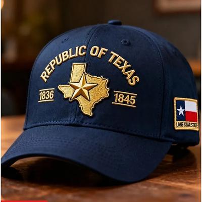 Baseballkappe der Republik Texas, bestickte Kappe mit Texas-Stern, Lone-Star-State-Kappe, 1836–1845, marineblau mit Texas-Flaggenaufnäher, verstellbar