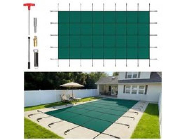 VEVOR Couverture de sécurité pour piscines creusées 6,1 x 12,2 m maille verte couverture de sécurité taille 6,7 x 12,8 m avec outils d'installation pour piscine d'hiver, résister au soleil, au vent